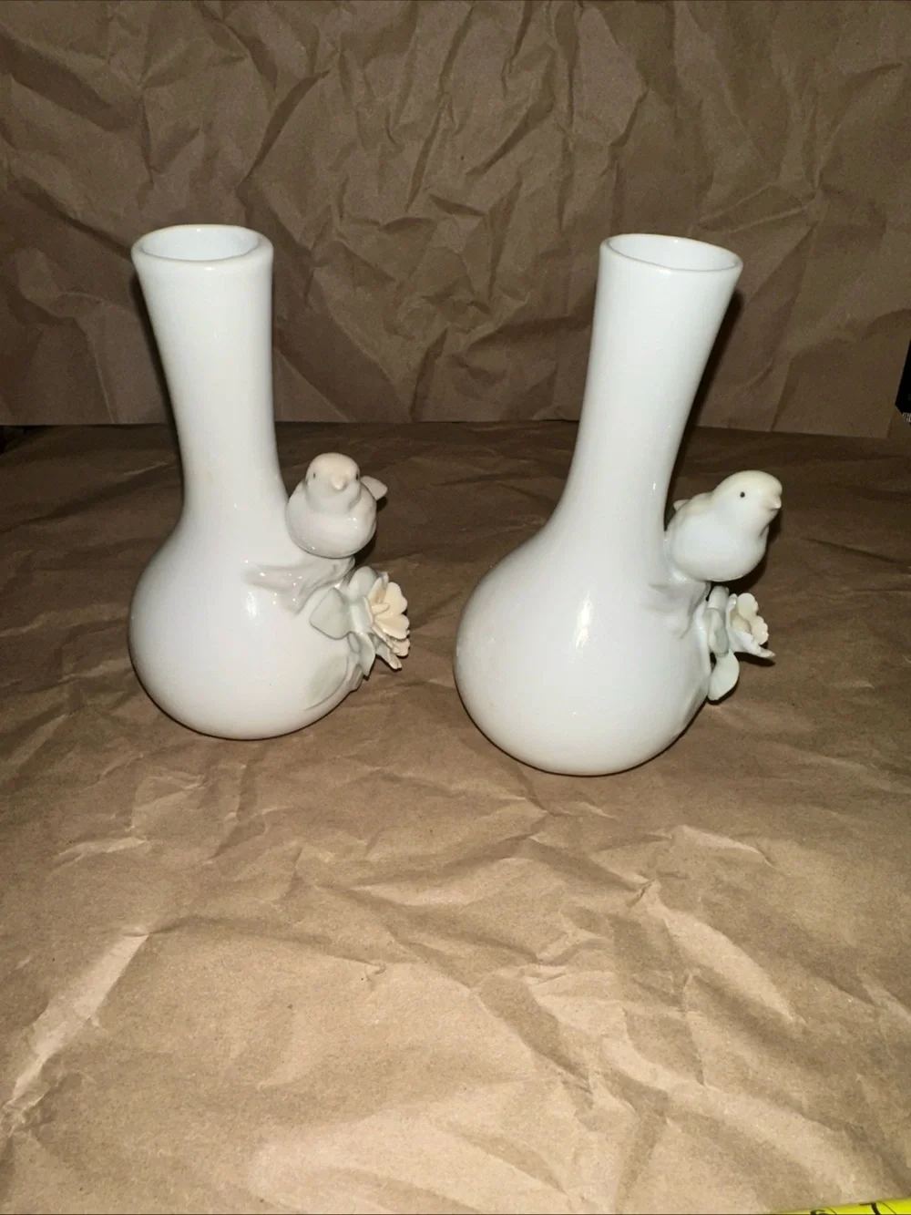 1985 Porcelain Bird Bud Vases in White - Set of 2 made in Taiwan